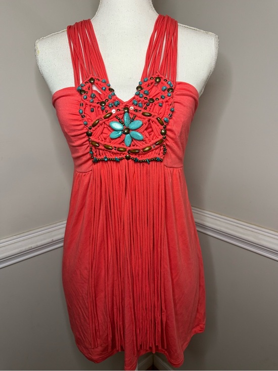 Boston Proper Tops - Boston Proper Bright Coral Knit Top w/ Beading and Fringe Size S Like New